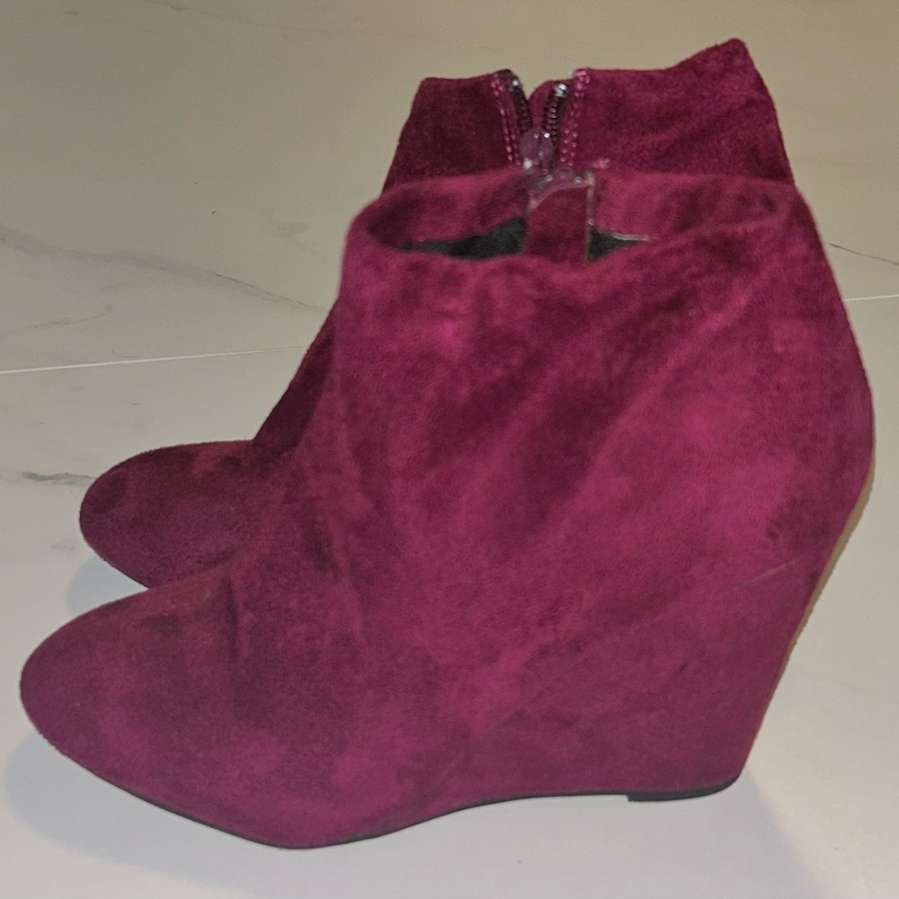 Maroon Faux Suede Wedge Ankle Booties